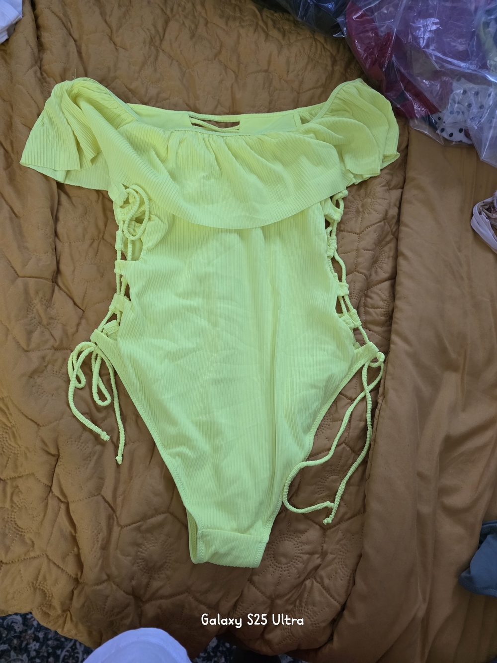 TiniBikini Neon Yellow Off-Shoulder One-Piece with Side Lace-Up